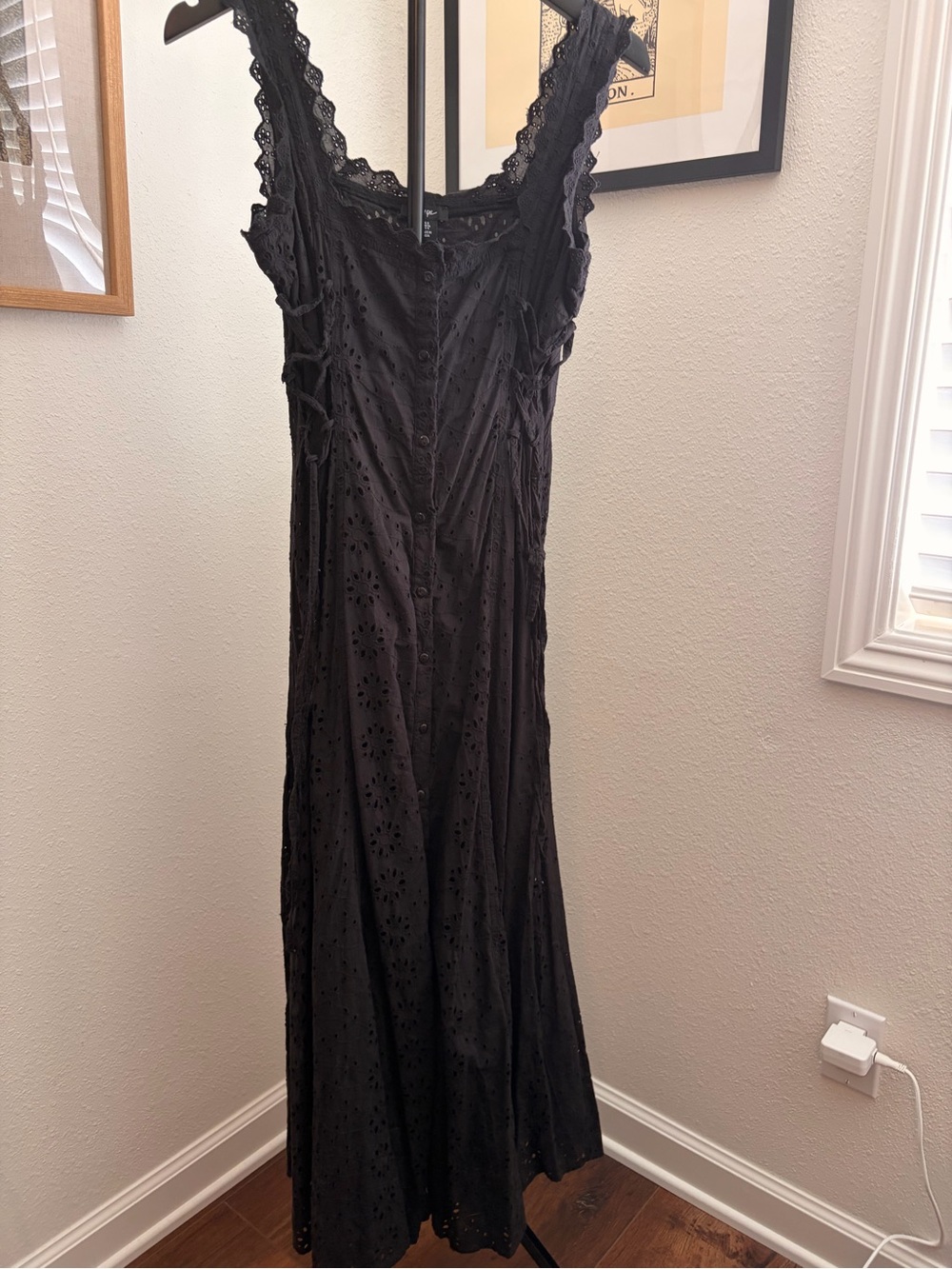 Nasty Gal Black Eyelet Lace-Trim Maxi Dress with Corset side ties